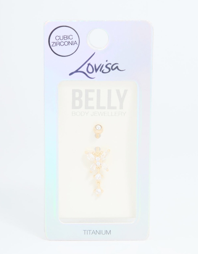 Lovisa - Gold Plated Titanium Cubic Zirconia Butterfly Belly Bar