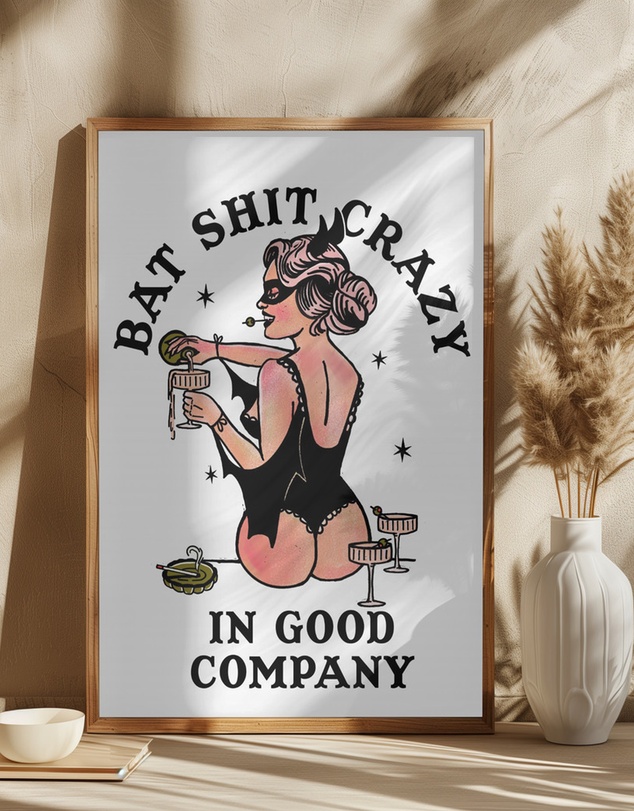 Olive et Oriel - Bat Crazy Funny Pin-Up by The Whiskey Ginger Art Print