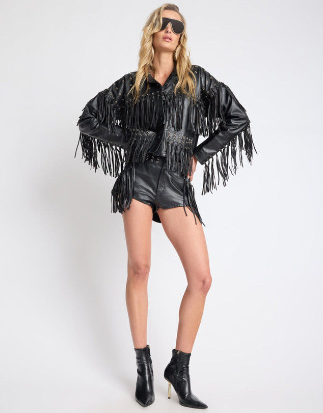 ONE TEASPOON - Rogue Rodeo Fringed Cropped Leather Jacket - Black