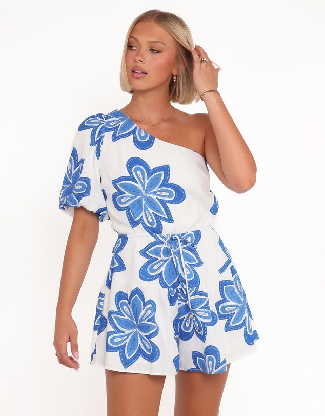 Petal & Pup - Delphine One Shoulder Playsuit - White Blue