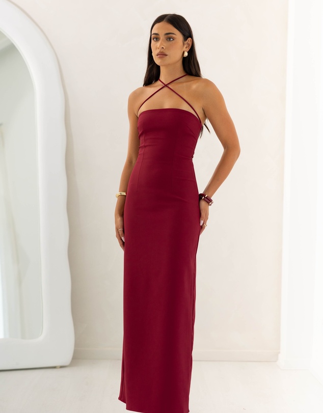 Beginning Boutique - Del Mar Burgundy Crepe Formal Maxi Dress