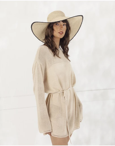 Morgan & Taylor - Raegan Crochet Straw Sun Hat in Natural Beige and Black Stripe