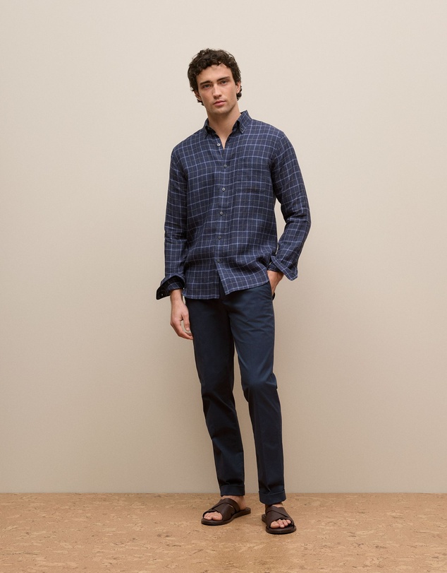 Trenery - Regular Fit Linen Fine Check Shirt in Navy