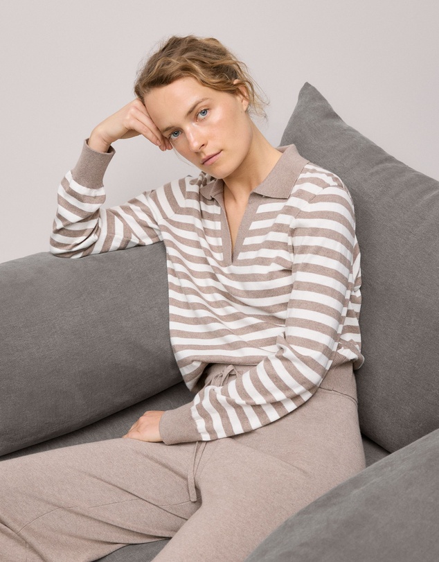 Trenery - Cotton Cashmere Stripe Knit Polo in Cinder