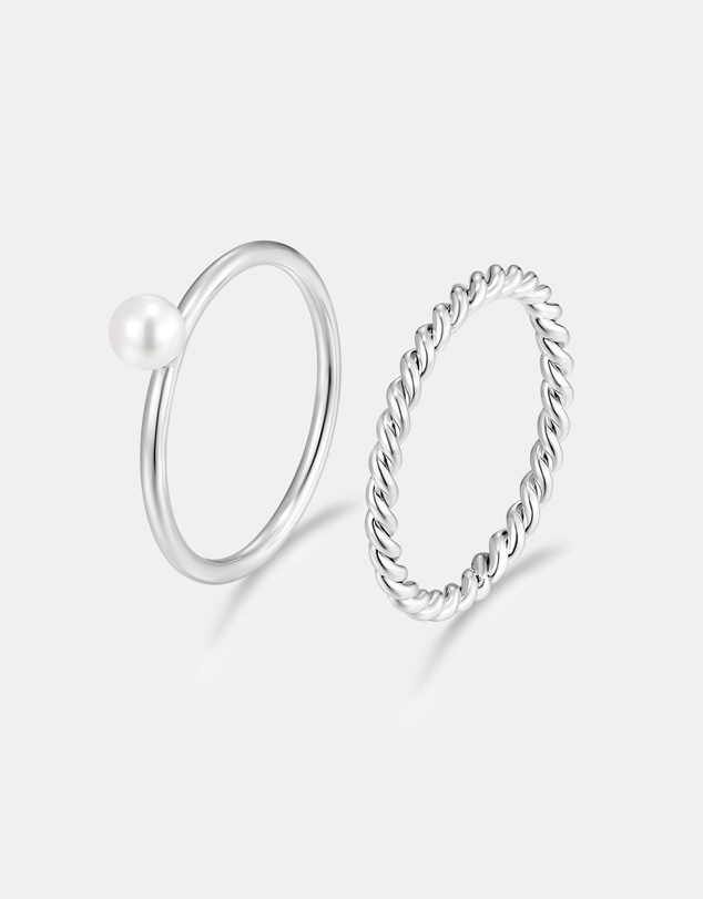 Mestige - Delicate Pearl Stacking Ring Set - Silver Plated