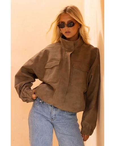 Beginning Boutique - Sapna Brown Oversized Funnel Neck Suedette Jacket