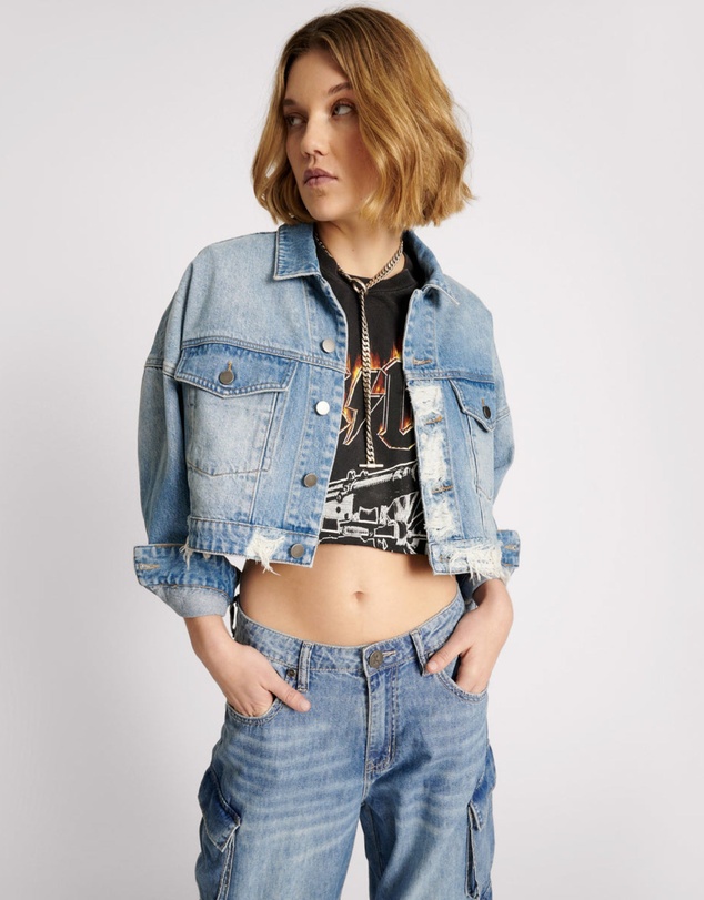 ONE TEASPOON - Eagle Studded Cropped Denim Jacket