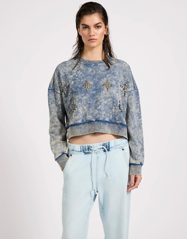 ONE TEASPOON - Fleece Cropped Star Studded Sweater - Acid Wash Blue