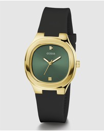 GUESS - Eve Gold-tone 32mm Green Dial Ladies Watch with Black Silicone Strap