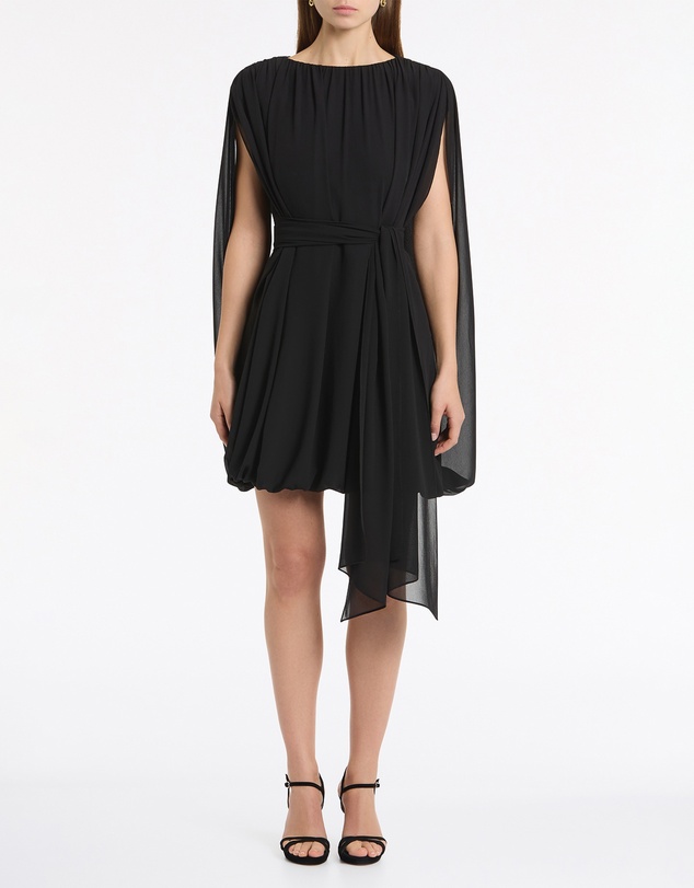 Carla Zampatti - Black Georgette Gathered Capelet Mini Dress