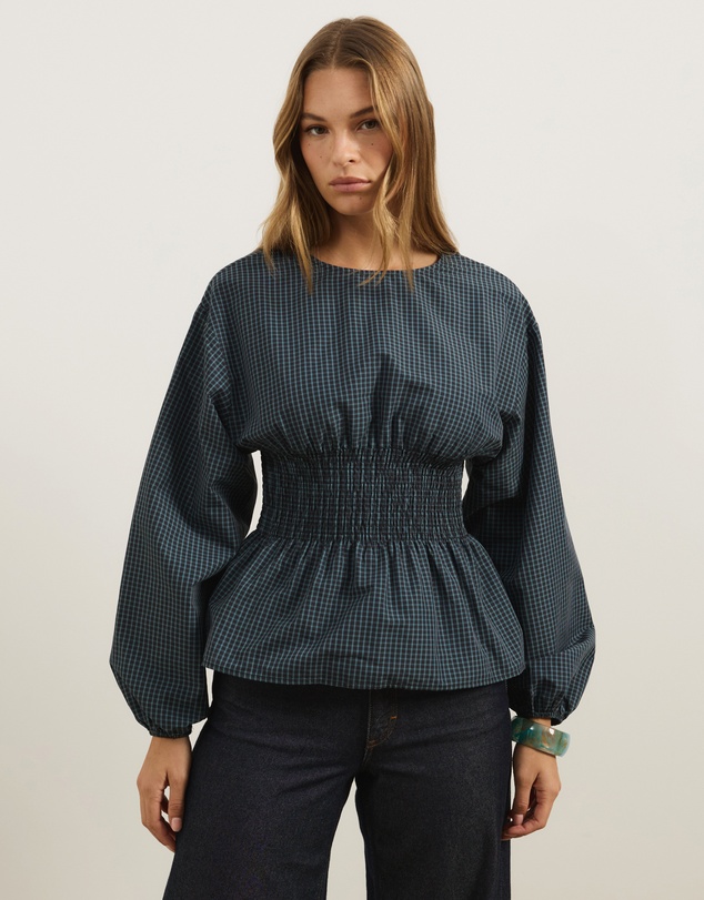 Atmos&Here - Nerissa Check Smocked Long Sleeve Top