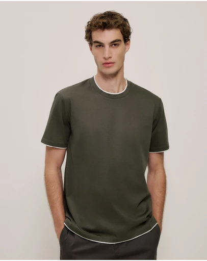 Trenery - Mercerised Cotton Layered T-shirt in Dark Olive
