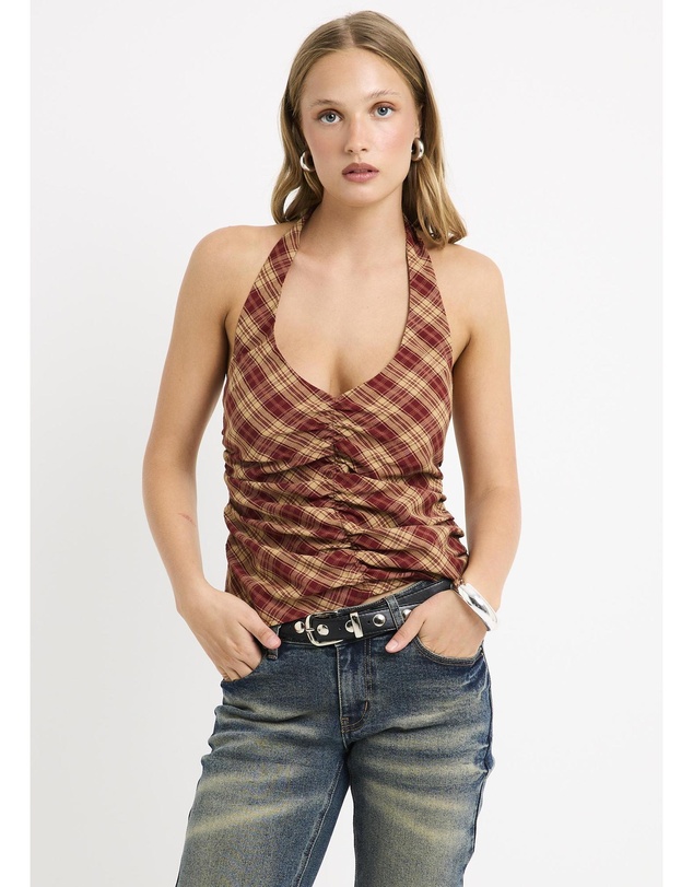 Insight - Kiera Ruched Check Halter Top