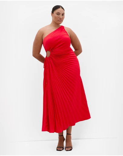 City Chic - Plus size Aliza One Shoulder Pleat Maxi Dress - red
