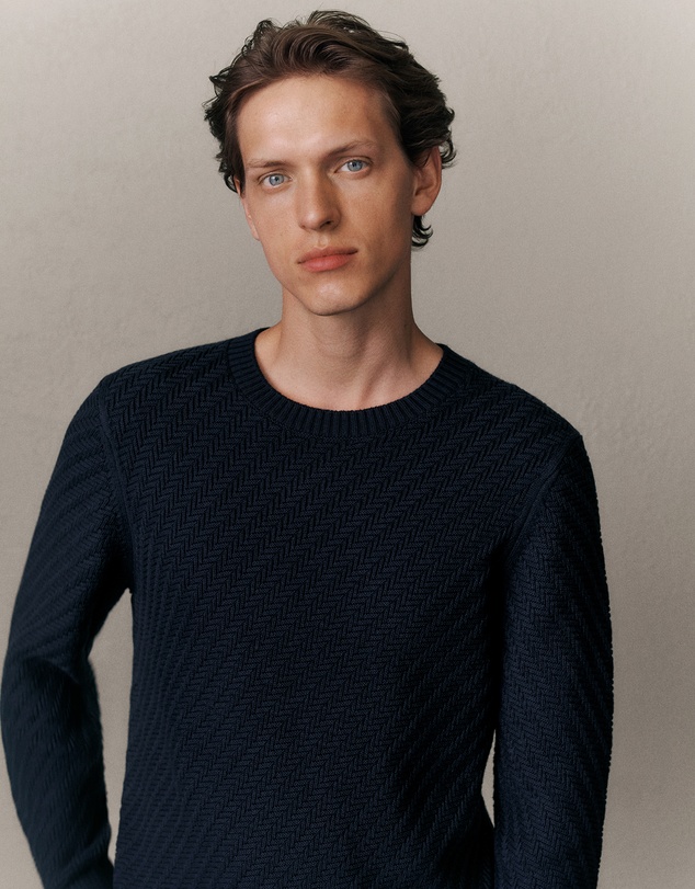 Trenery - Cotton Blend Textured Crew in Navy