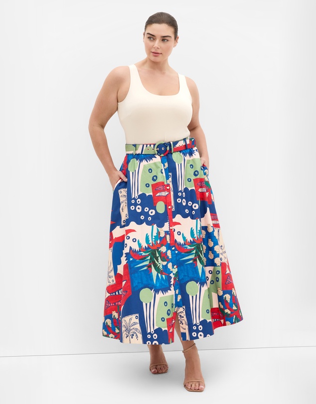 City Chic - Plus size Elysia Marine Print Belted Cotton Skirt - bone