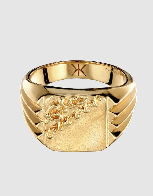 Kuzzoi - ICONIC EXCLUSIVE - Artisan Floral Scroll Signet Ring in Gold-Plated Silver