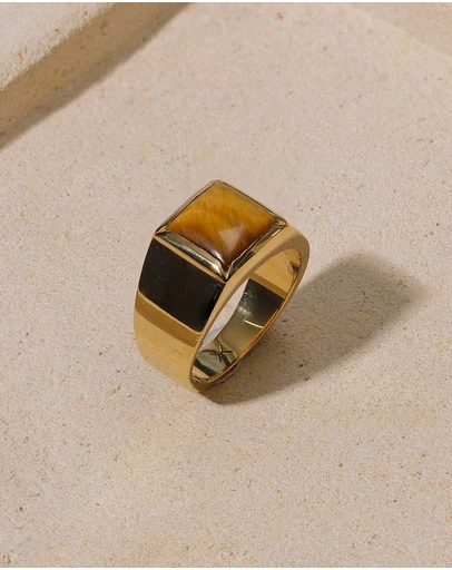 Kuzzoi - ICONIC EXCLUSIVE - Tiger's Eye Signet Ring with in Gold-Plated 925 Sterling Silver