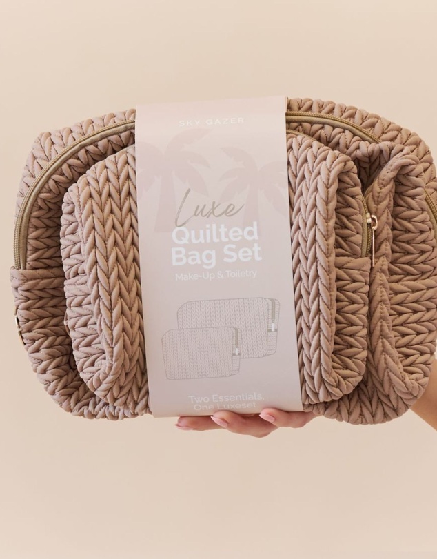 Sky Gazer - Luxe Quilted Make-Up & Toiletry Bag Set (Dark Beige)