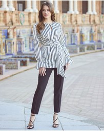 Sosandar - Ivory & Black Satin Stripe Keyhole Detail Tie Side Top