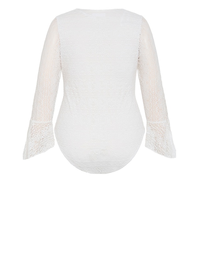 City Chic - Plus size Lola V Neck Lace Bodysuit - porcelain white