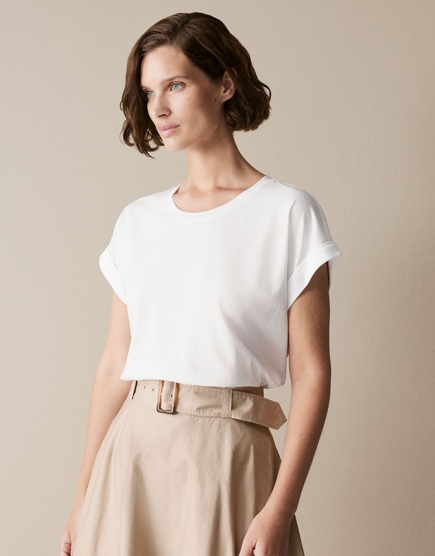Trenery - Pima Cotton Cuff Sleeve T-shirt in White