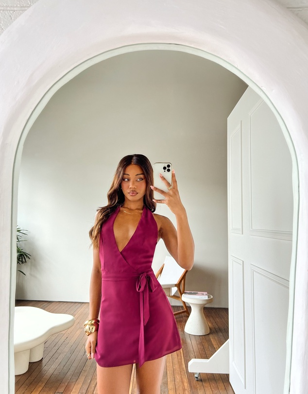 Beginning Boutique - Jazmene Burgundy Halter Neck Wrap Mini Dress