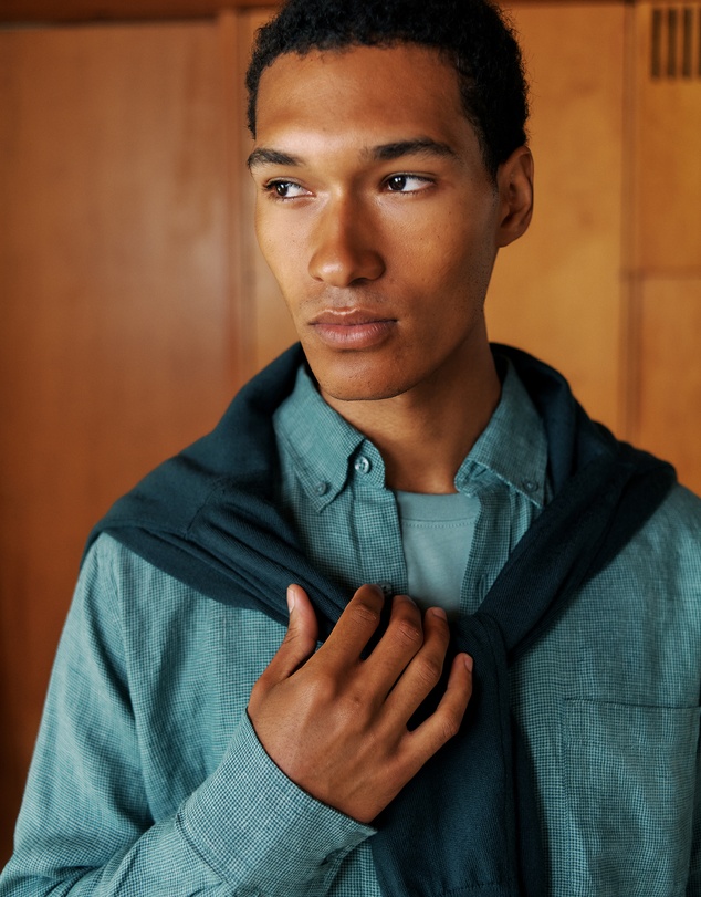 Trenery - Regular Fit Linen Micro Check Long Sleeve Shirt in Jade Green