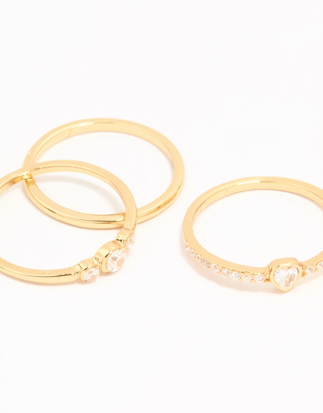 Lovisa - Gold Plated Cubic Zirconia Plain & Heart Stacking Rings 5-Pack