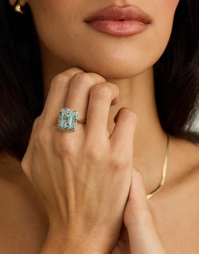 Michael Hill - Sky Blue, London Blue, Swiss Blue & White Topaz Halo Ring in 10kt Yellow Gold