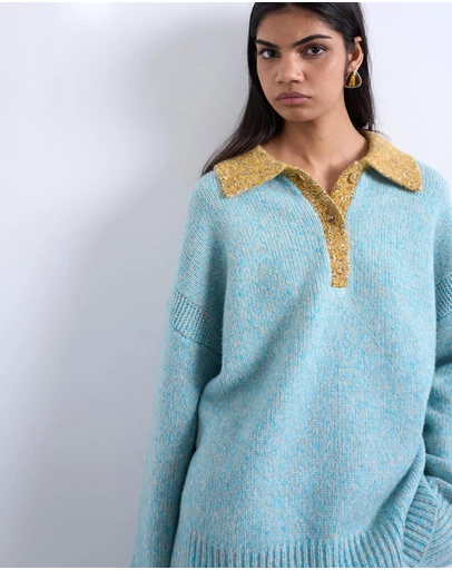 TOPSHOP - Knitted Oversized Twist Yarn Contrast Collar Polo
