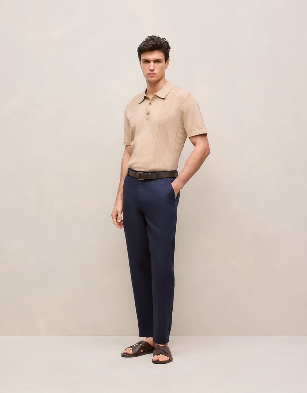Trenery - Mercerised Cotton Rib Detail Knit Polo in Sand