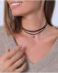 Elli Jewelry - Necklace Leather Choker Zirconia Drop Pendant in 925 Sterling Silver