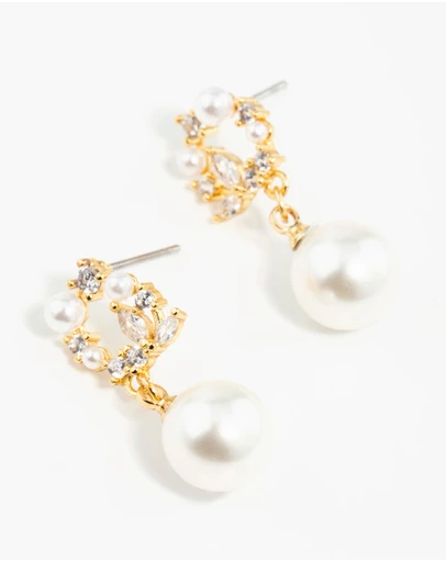 Lovisa - Gold Plated Cubic Zirconia Cluster & Freshwater Pearl Drop Earrings