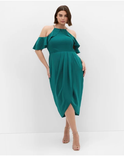 City Chic - Plus size Love Siren Ruffle Shoulder Dress - forest green