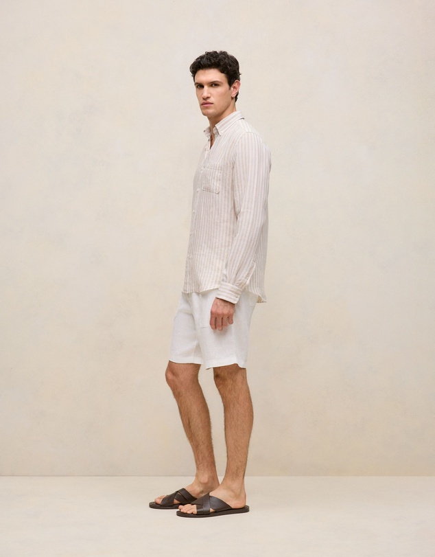 Trenery - Regular Fit Linen Bengal Stripe Shirt in Sand