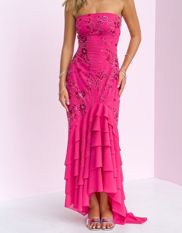Beginning Boutique - Khai Pink Ruffle Maxi Scarf Beaded Dress