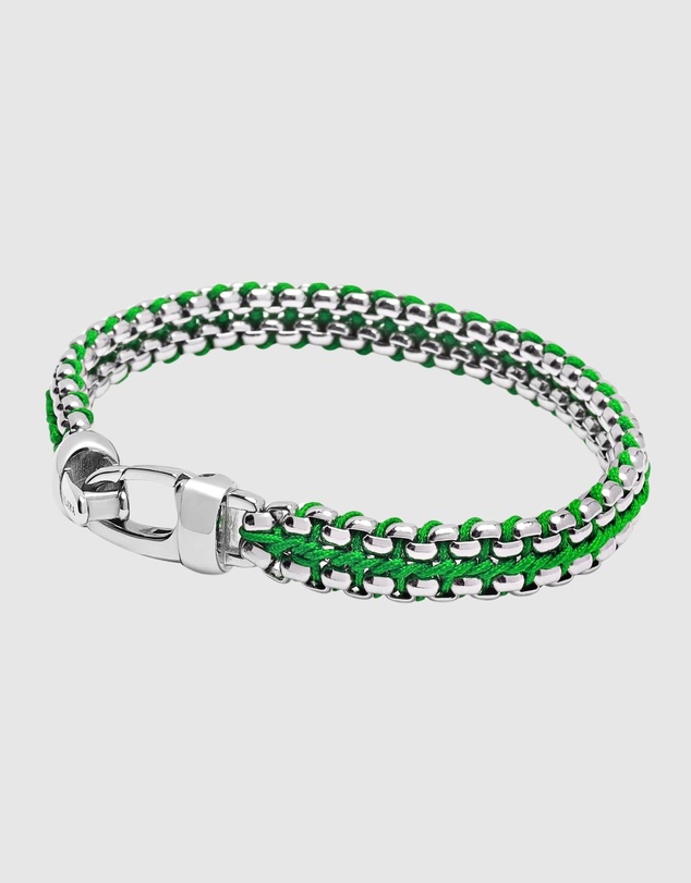 Nialaya Jewellery - Green Woven 8mm Box Chain Bracelet in Silver