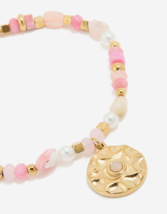 Lovisa - Waterproof Gold Plated Stainless Steel Rose Quartz Semi Precious Coin Bracelet
