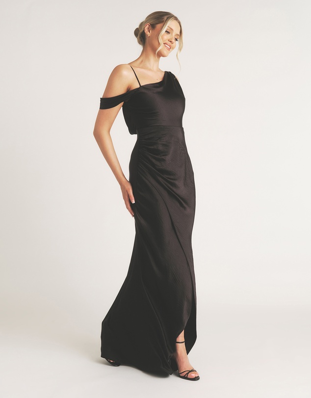Six Stories - Asymmetrical Bardot Strap Satin Bridesmaid Dress