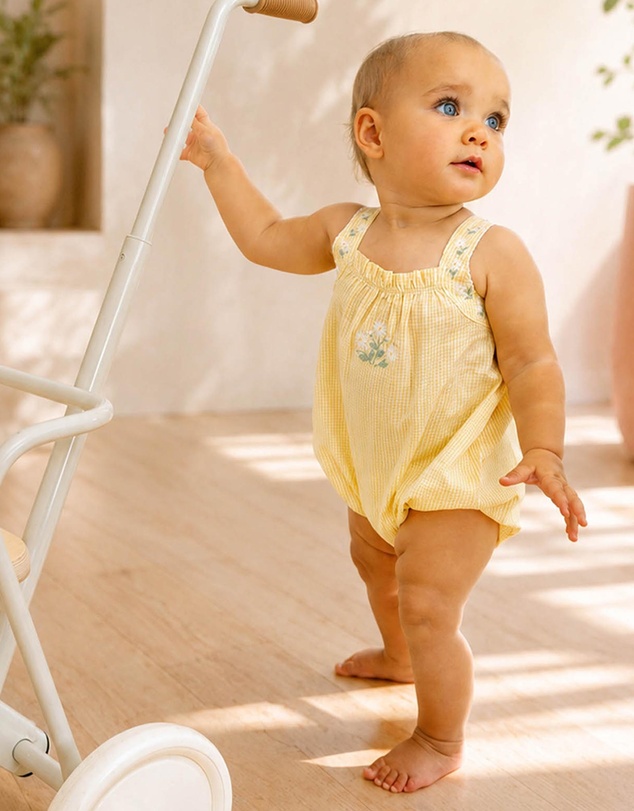 Bebe by Minihaha - Libby Check Romper W Emb Straps - Babies