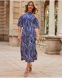Sosandar - Swirl Print Jersey Cold Shoulder Midi Dress