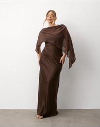 Six Stories - Square neck Satin Bridesmaid Dress with Chiffon Cape