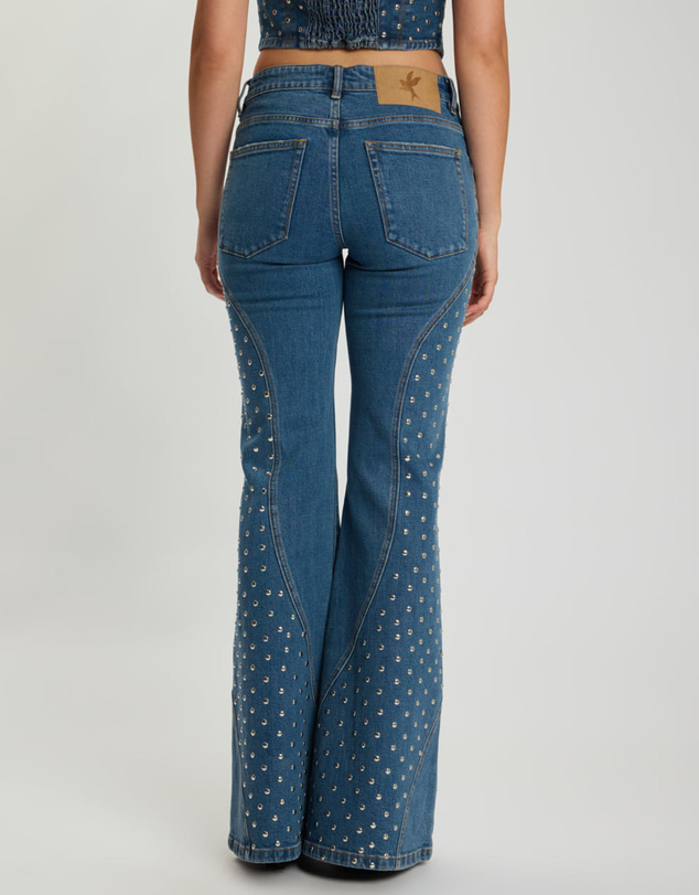 ONE TEASPOON - Chrome Edge Mid Waist Flared Studded Denim Jeans - Eclipse Blue