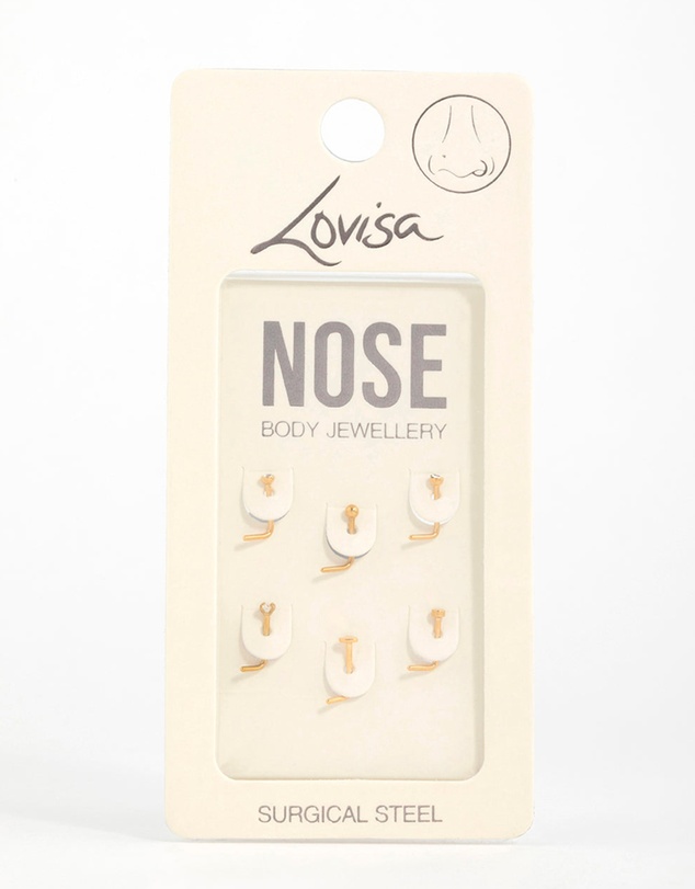 Lovisa - Gold Plated Surgical Steel Heart Cubic Zirconia Nose Studs 6-Pack