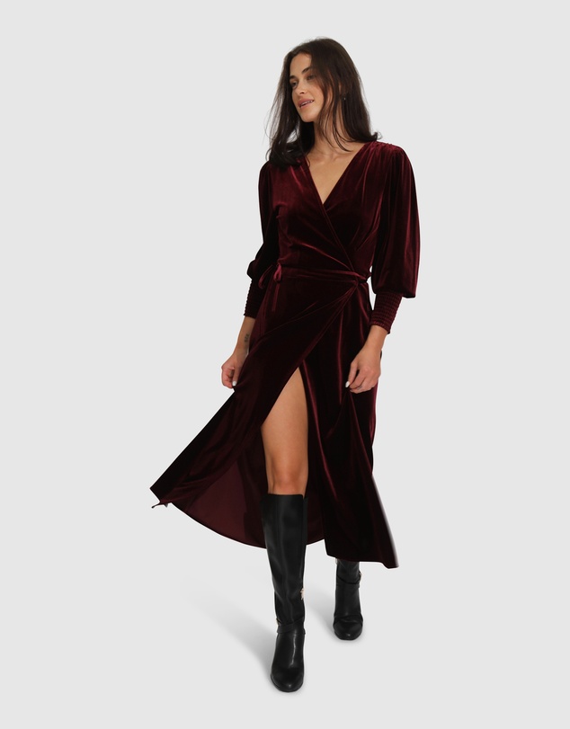 Belle & Bloom - Current Mood Velvet Wrap Dress - Burgundy