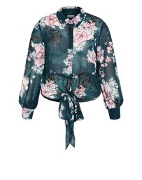 City Chic - Plus size Janine Blossom Print Tie Front Shirt - jade
