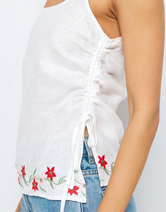 AERE - Odette Floral Embroidered Linen Ruched Top