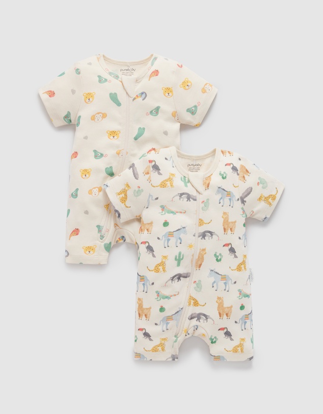 Purebaby - 2 Pack Short Sleeve Printed Growsuit -Babies