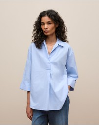 Trenery - Yarn Dyed Cotton Poplin Half Sleeve Shirt in Sky